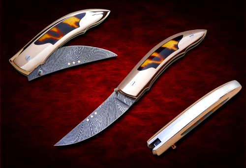 Daniele Ibba custom knives- Model Golden Persian- stainless damascus blade and - 18kt rose gold handle scale- with antique tortoise inlays