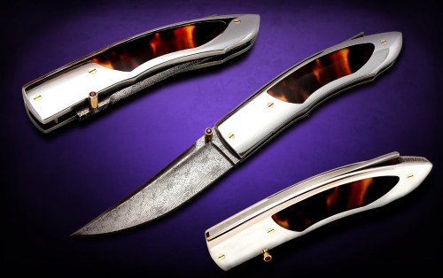 Daniele Ibba Custom knives - Model Zenith - Folder knife - mosaic damascus blade -416ss handle frame with antique tortoise inlays